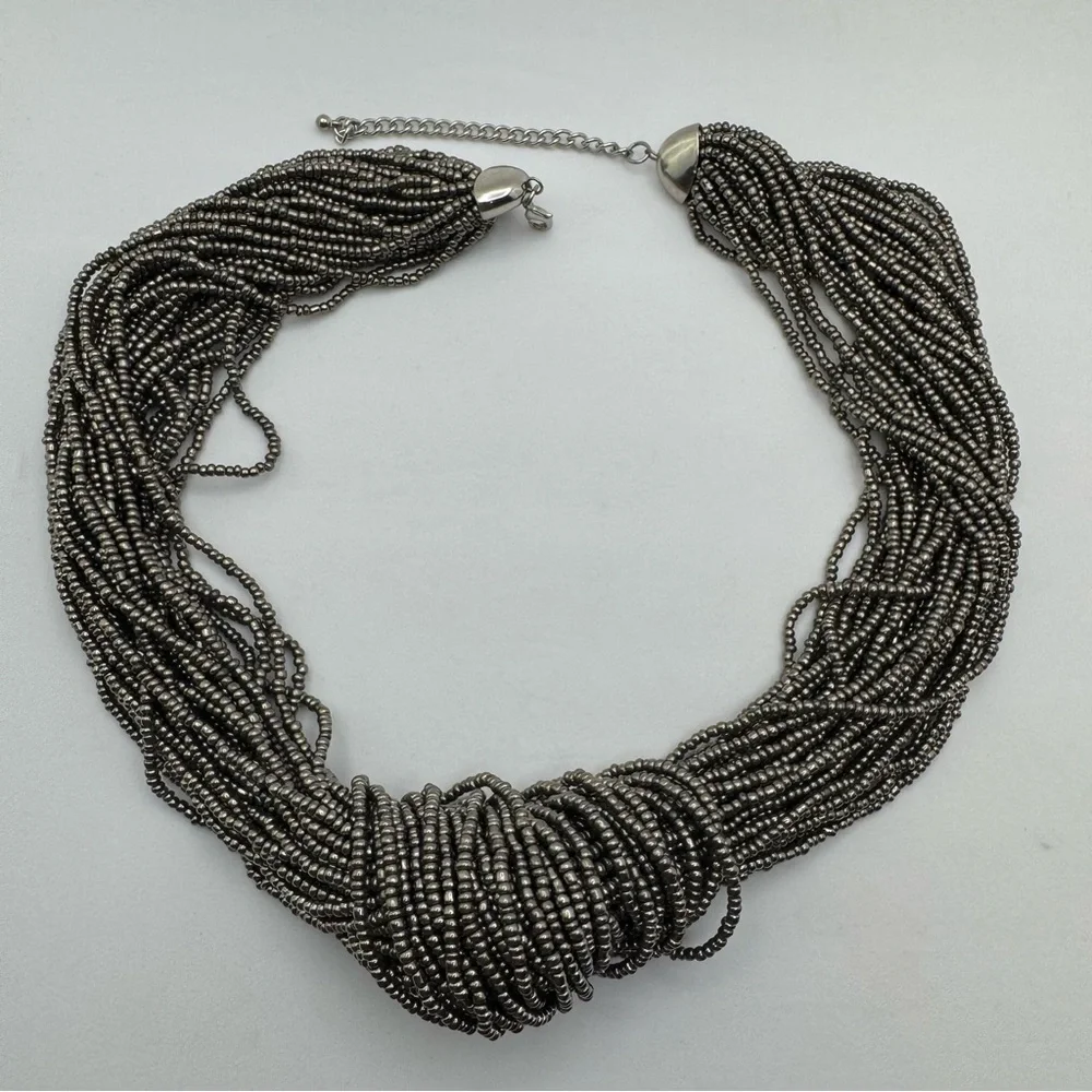 Multi Strand Gunmetal Seed Bead Statement Necklace Bold Weighted Boho Chunky